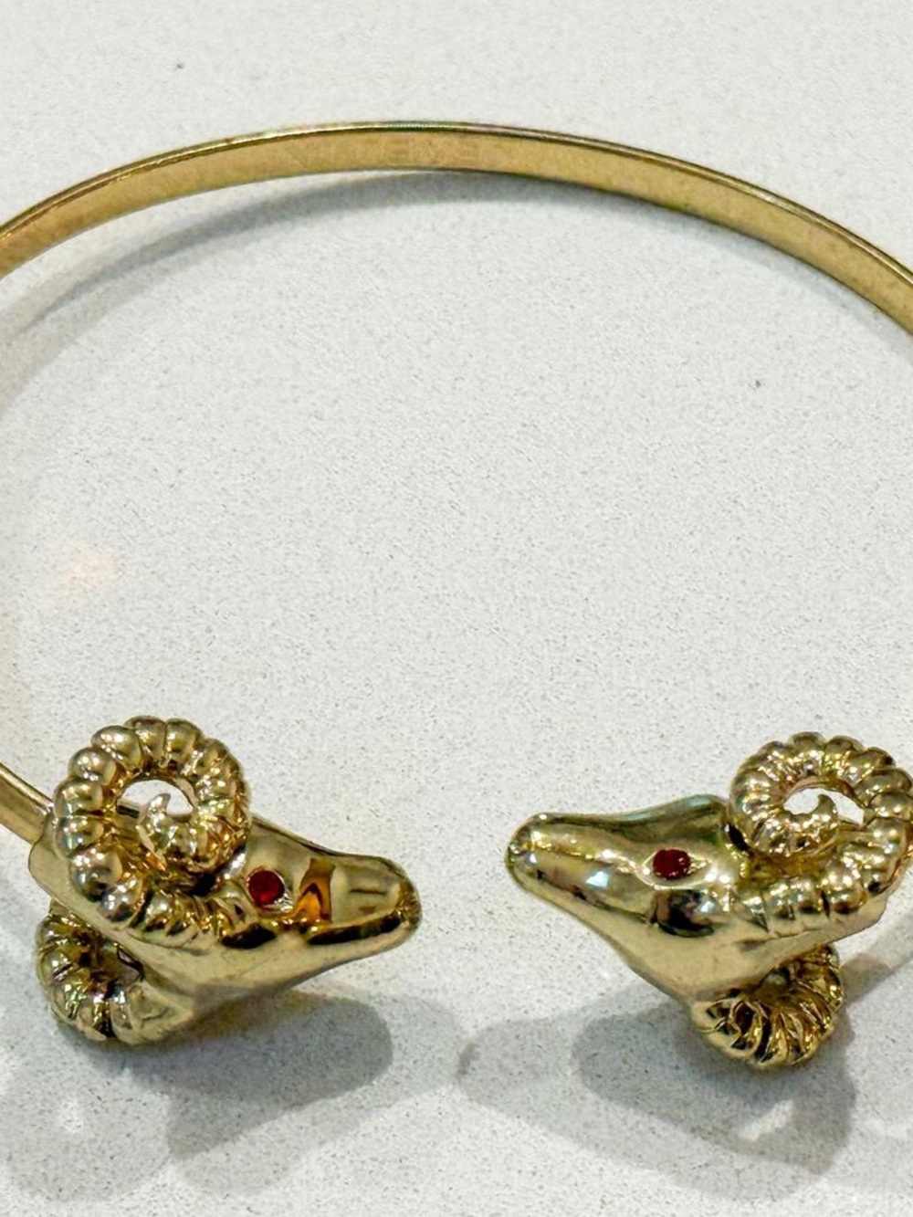 Fashion Jewelry Gold Ram Head Open Cuff Bracelet with Red Eye Accents